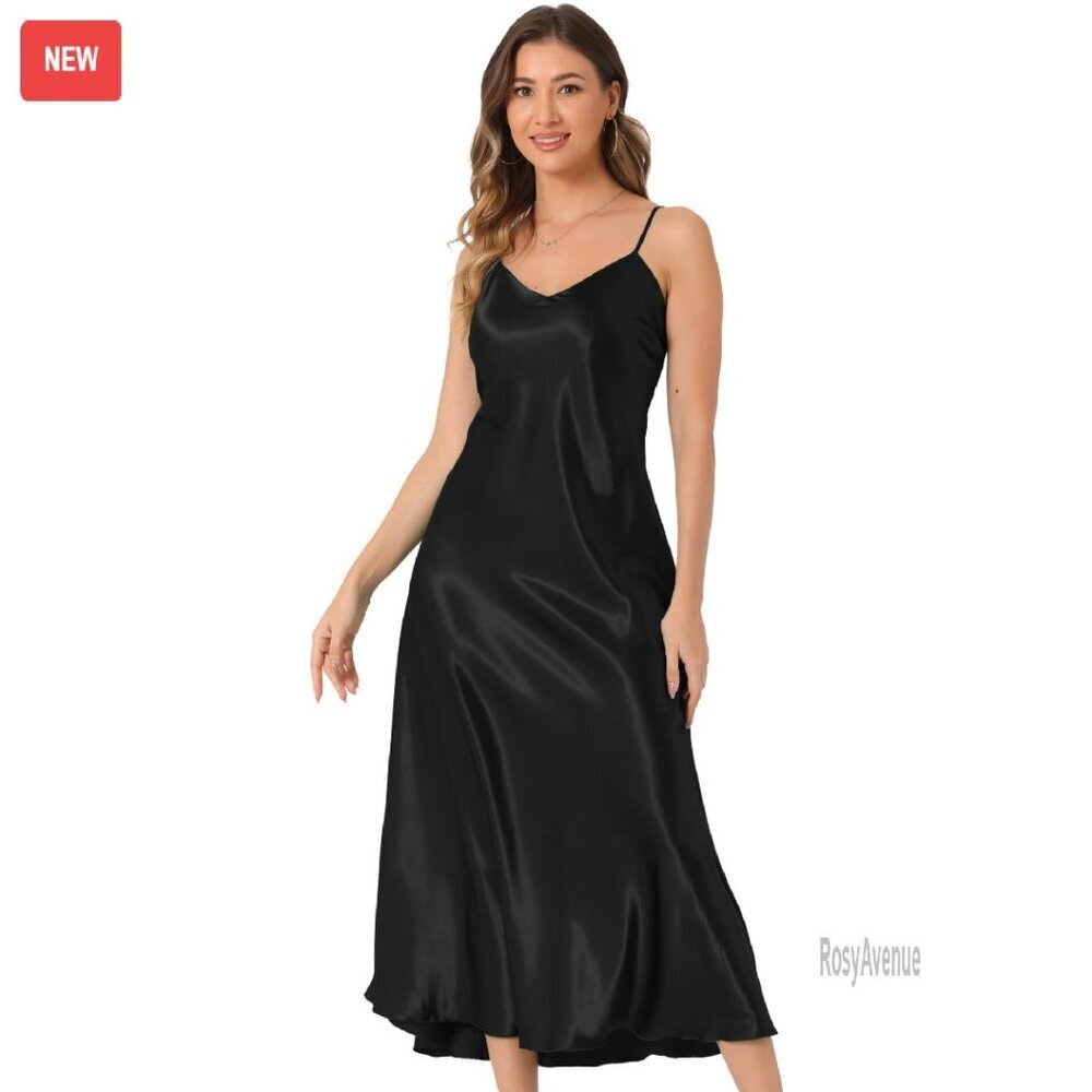 Satin Maxi Dress V Neck Spaghetti Strap Evening Gown Party Wear
